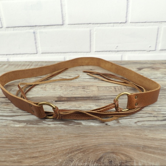 Brown leather tie belt long fringe brass hardware - Picture 5 of 8